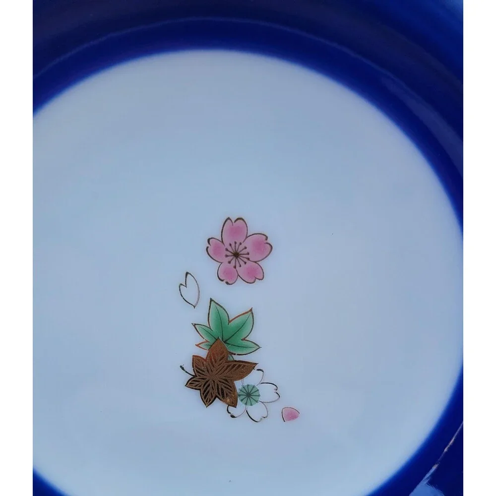 Blue Rimmed  Japanese Cherry Blossoms Porcelain Bowls - Set of 3